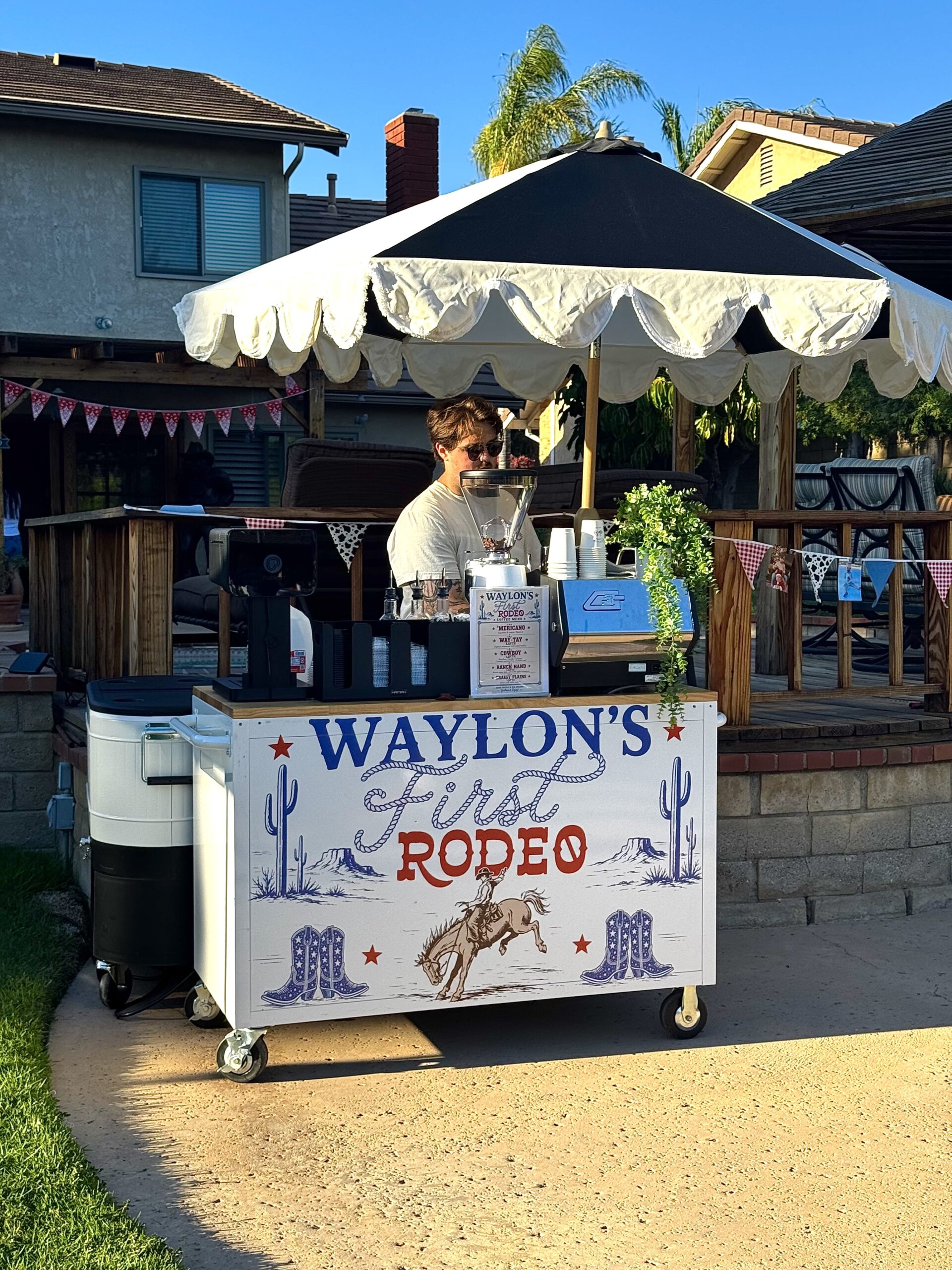 Coffee cart in Los Angeles for a birthday party with a custom cart, custom menu, custom cups and latte art printer