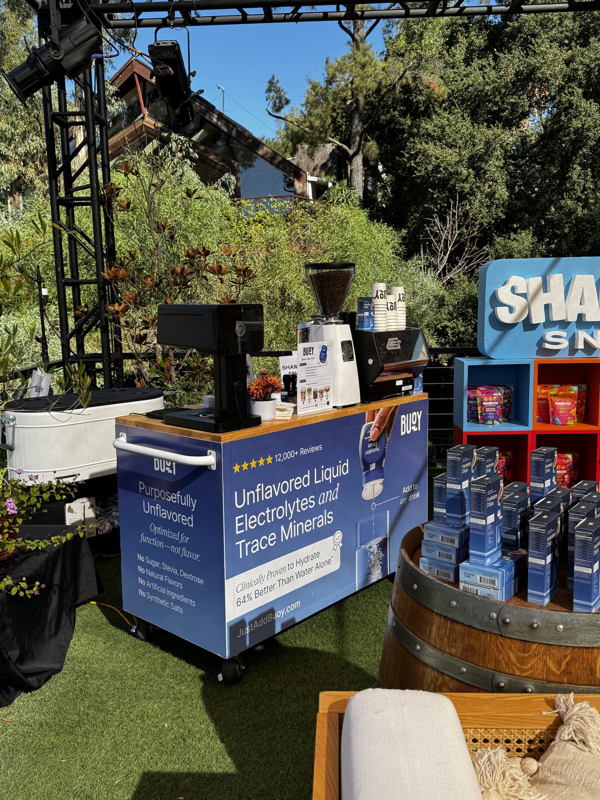 Fully wrapped and fully custom coffee cart for a brand activation in Los Angeles featuring custom cups, custom menu, custom cart, logo printer, custom napkins, espresso martinis, iced lattes and iced matcha