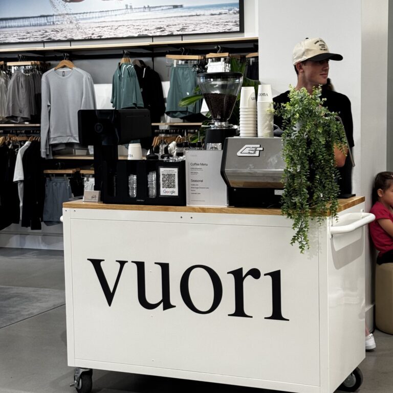 Custom branded coffee cart catering for a retail clothing store in Orange County for a brand activation