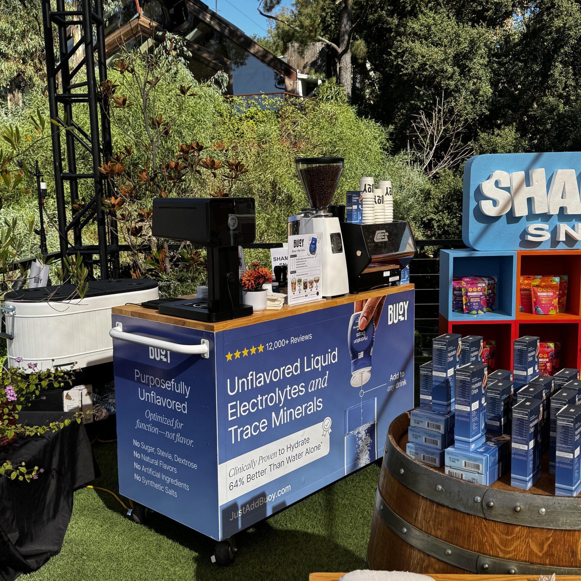 Fully wrapped and fully custom coffee cart for a brand activation in Los Angeles featuring custom cups, custom menu, custom cart, logo printer, custom napkins, espresso martinis, iced lattes and iced matcha